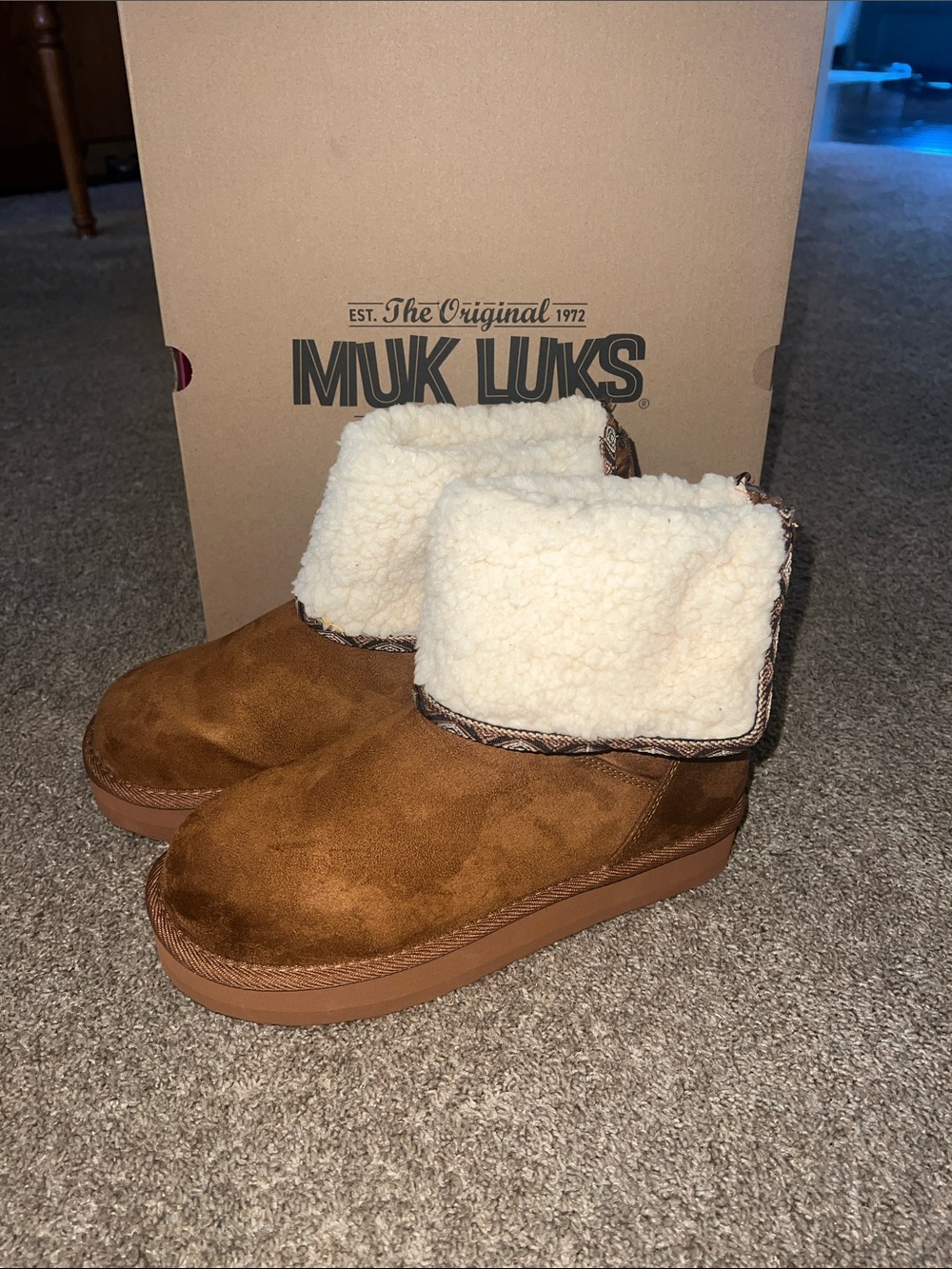 Muk Luks Amelia Chestnut Brown Sherpa Fold-Over Boot